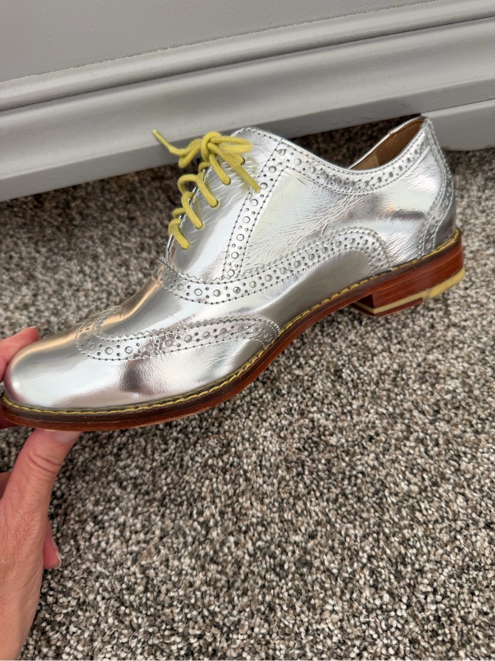 Cole Haan Silver Metallic Wingtip Flats with Yellow Laces - Picture 4 of 5